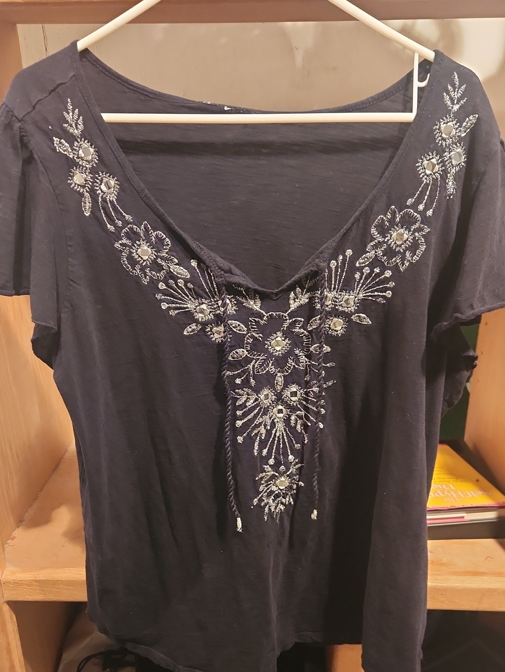 Embellished V-Neck Women's Top in Black